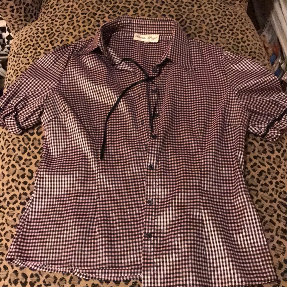 Bettie Page silky pink & black gingham top XXL